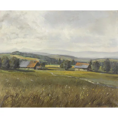Max Clément — Voralpenlandschaft im Frühling mit Bauernhäusern.