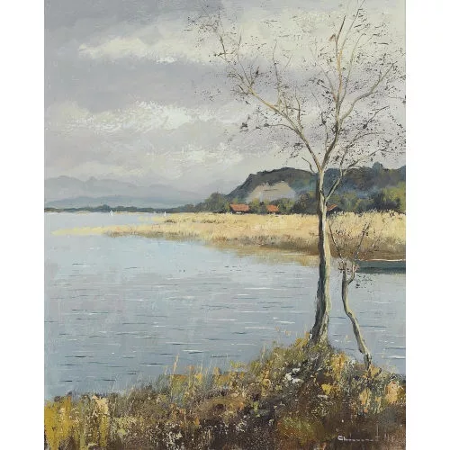 Max Clément — Herbstliche Uferpartie am Neuenburgersee.