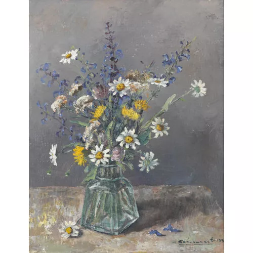 Max Clément — Stillleben mit Margeriten und Arnika.