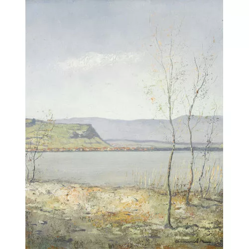 Max Clément — Uferpartie am Murtensee mit dem Mont Vully.