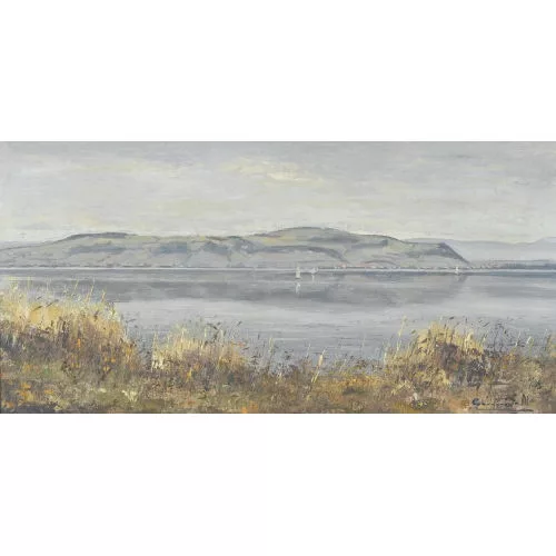 Max Clément — Uferpartie am Murtensee mit dem Mont Vully.
