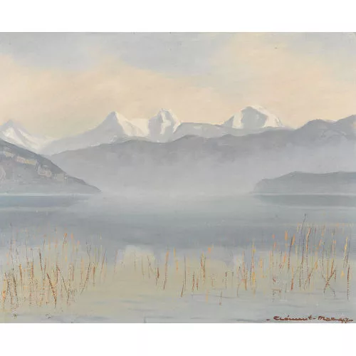 Max Clément — Herbstlicher Thunersee mit Eiger, Mönch und Jungfrau.