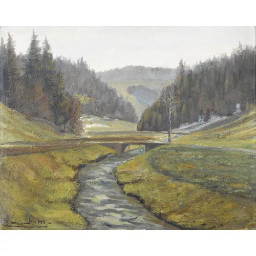 Max Clément — Bewaldete Hügellandschaft mit Fluss und Brücke.