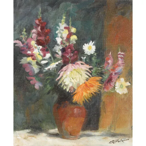 Max Emanuel Huber — Herbstliches Stillleben mit Astern und Löwenmäulchen.
