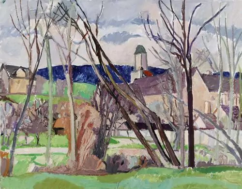 MAX GUBLER — Blick auf Kloster Fahr durch kahle Bäume. Um 1945. — Koller Auktionen