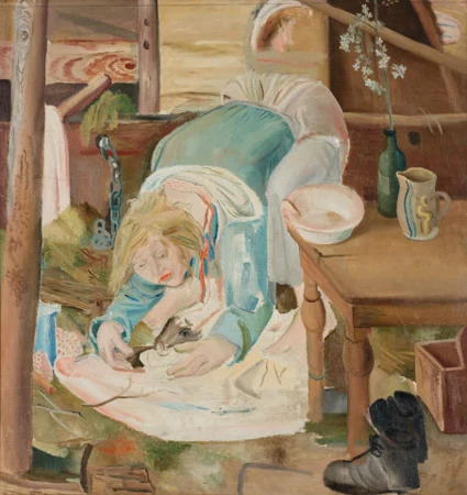 Frau im Stall, Schweinchen fütternd, um 1922