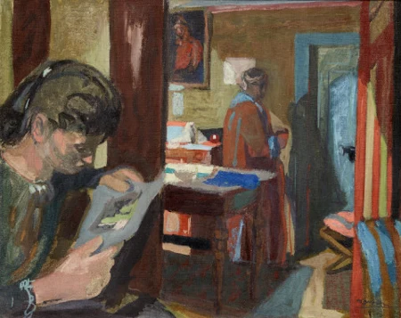 Interieur Langstrasse mit Maria und Mutter Gubler, Um 1935/36.