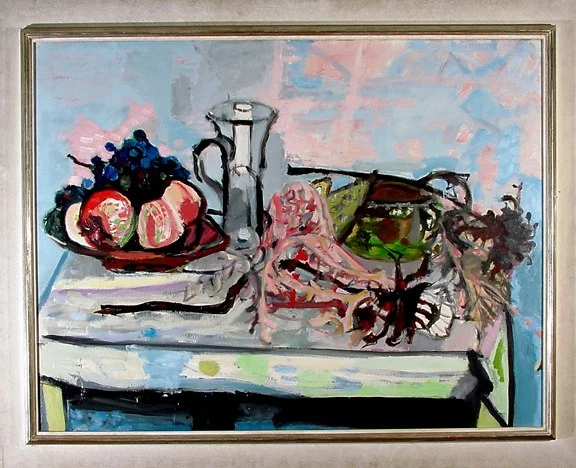 Max Gubler — Stilleben mit Früchteschale, Glasvase und Disteln, Unterengstringen, 1954
