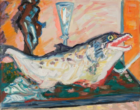 Stillleben mit liegendem Fisch, Statuette und Kelchglas, 1947
