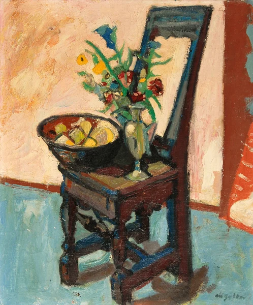 Max Gubler — Stuhl mit Blumen in Glasvase und Früchteschale, 1946