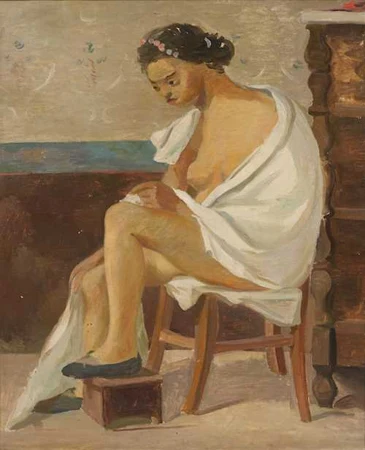 MAX GUBLER — Sitzender Akt mit weissem Badetuch. Lipari, 1924. — Koller Auktionen