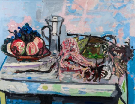 Stillleben mit Früchteschale, Glasvase und Disteln, 1954