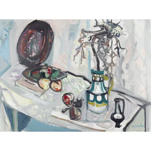 Max Gubler — Stillleben mit Distel, Früchten und Teller.
