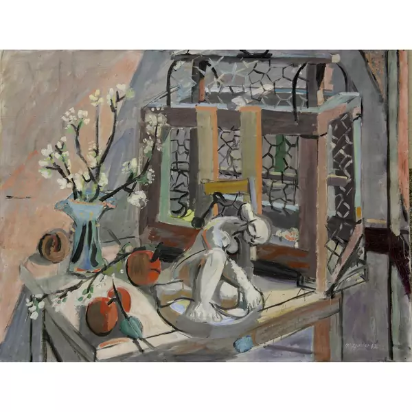 Max Gubler — Stillleben mit Vogelkäfig und Gipsfigur — Galerie Kornfeld