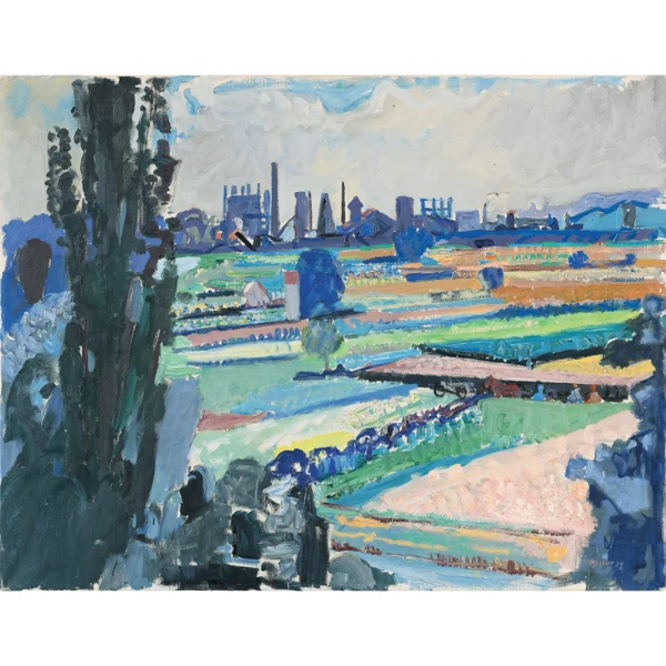 Max Gubler — SOMMERLANDSCHAFT MIT GASWERK, UNTERENGSTRINGEN, 1939SUMMER LANDSCAPE WITH GAS PLANT, UNTERENGSTRINGEN, 1939