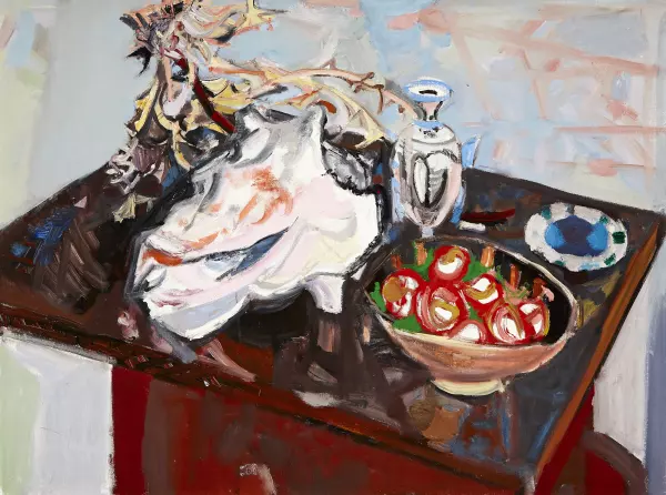 Stillleben mit Muschel, Distel, Salzfass und Früchteschale