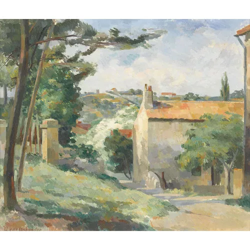 Max Hegetschweiler — Strassenpartie mit Häusern in hügeliger Landschaft.