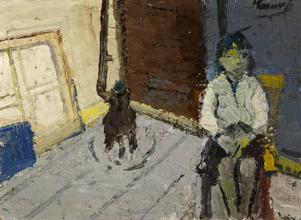 Interieur mit Mädchen auf Stuhl
