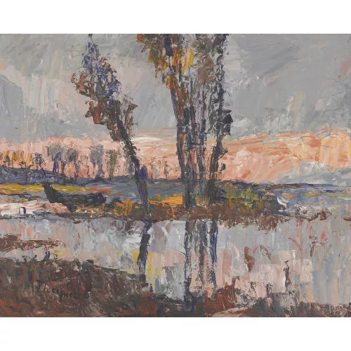 Max Theynet — Expressive Uferlandschaft mit Bergkette.
