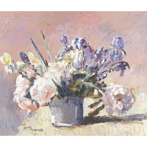 Max Theynet — Schwertlilien und Pfingstrosen in einer Vase.