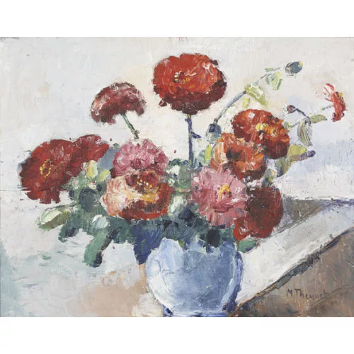 Max Theynet — Chrysanthemen in blauer Vase.