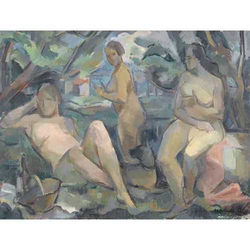 Max von Mühlenen — Drei unbekleidete Frauen mit Hund beim Picknick.