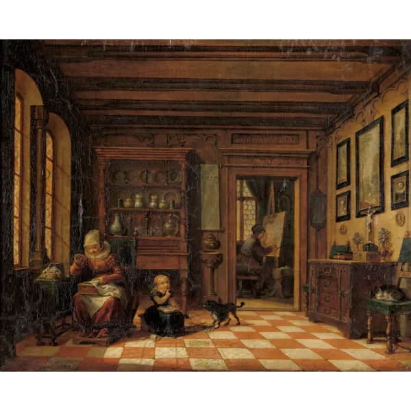 Maximilian Neustück — Interieur mit stickender Frau, Kind und Maler an der Staffelei.