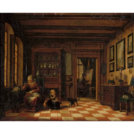 Interieur mit Frau bei der Stickarbeit und Maler an der Staffelei