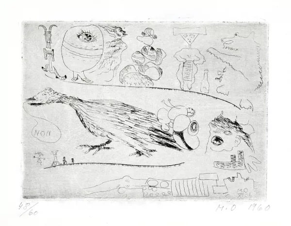 Meret Oppenheim — 2 Blätter: Die Ente, die "Non" sagt, 1960; Abdruck meiner linken Hand, 1984