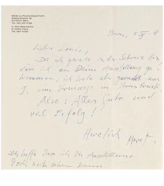 Meret Oppenheim — Brief an Louis Conne, datiert "Bern, 5.IV.[5]8" — Galerie Kornfeld