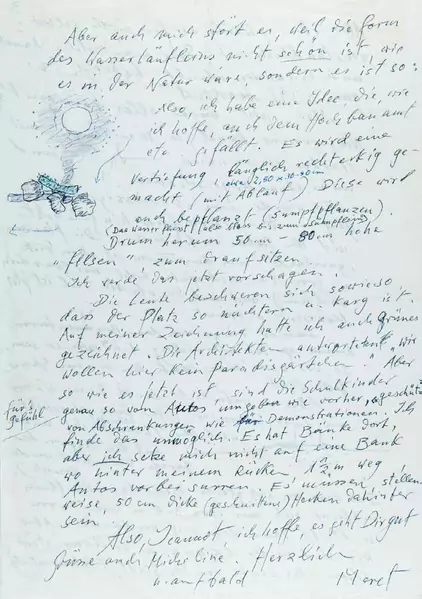 Meret Oppenheim — Eigenhändiger Brief (Fragment) mit drei Skizzen und Unterschrift «Meret». Ohne Ort und Datum [1983]. — Galerie Kornfeld