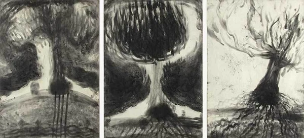 Miriam Cahn — L.I.S/M.G.A zarte Bäume (lesen in Staub mit geschlossenen Augen), 28.3.1989