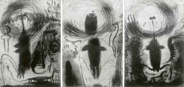 Miriam Cahn — Triptychon. Lesen in Staub - das genaue hinsehen, 1987