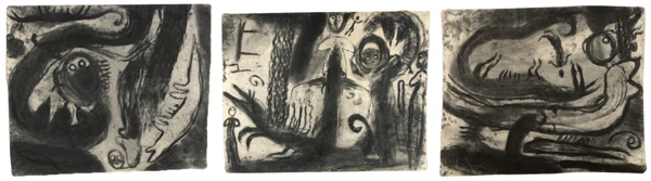 Miriam Cahn — Triptychon. Blutungsarbeit - L.I.S. (Lesen in Staub), 1986
