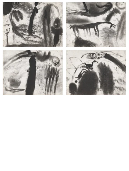 Miriam Cahn — Serie von 4 Zeichnungen "m.d.k. + t. blutungsarbeit", 1986