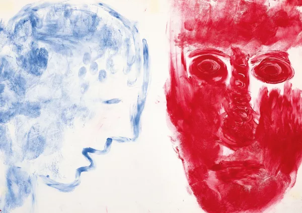 Miriam Cahn — Frau Blau redet zu rotem Mann, 1993
