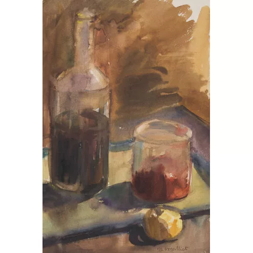 Moilliet, Louis René — Stillleben mit Apfel, Glas und Flasche.