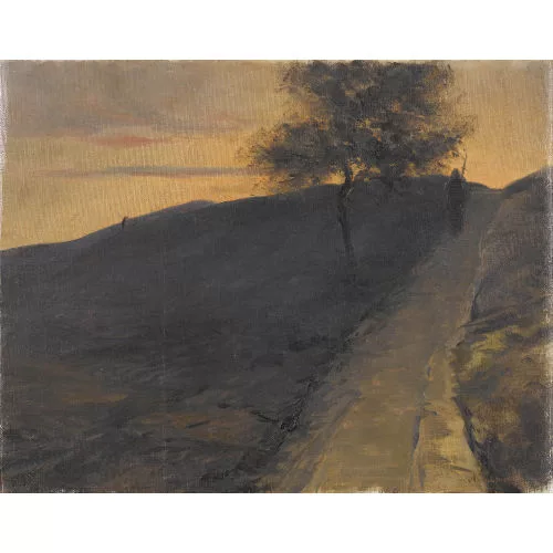Nathanaël Lemaitre — Hügellandschaft mit Wanderer bei Sonnenuntergang.