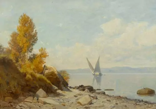 NATHANAËL LEMAITRE — Blick auf den Genfersee mit einem Segelboot. — Koller Auktionen