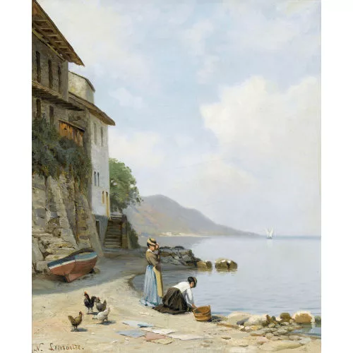 Nathanaël Lemaitre — Uferpartie am Genfersee mit Wäscherinnen.