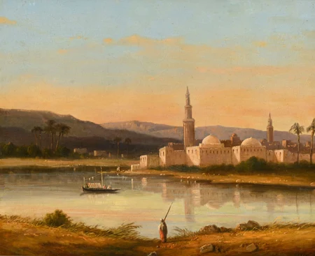 Paysage orientaliste avec une cité au bord de l'eau