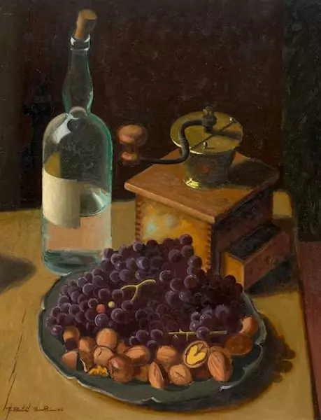 NIKLAUS STOECKLIN — Still life with bottle, coffee mill and fruit bowl. 1940. — Koller Auktionen