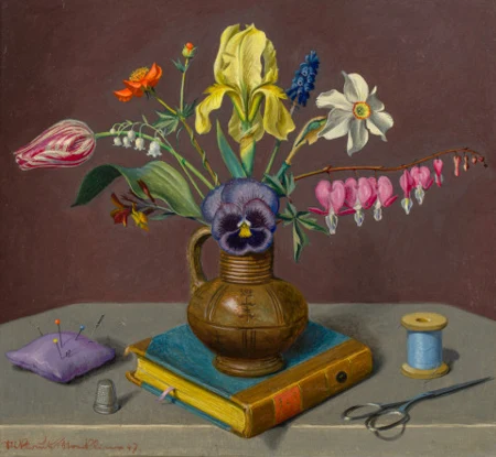 Blumenstillleben mit Nähutensilien, 1947
