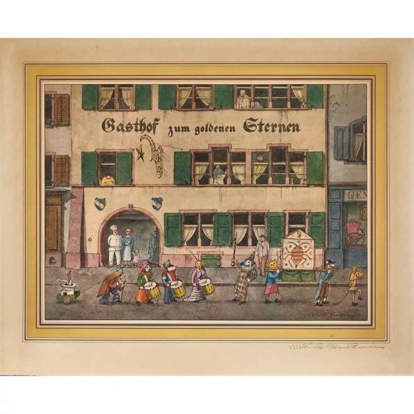 Niklaus Stoecklin — Fasnachtsclique vor dem Gasthof zum Goldenen Sternen in Basel.