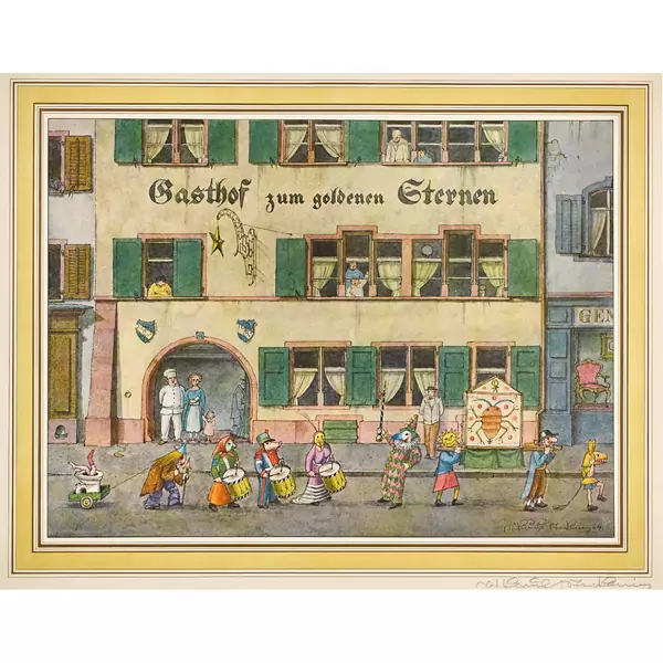 "Fasnachtsclique vor dem Gasthof zum Goldenen Sternen in Basel"
