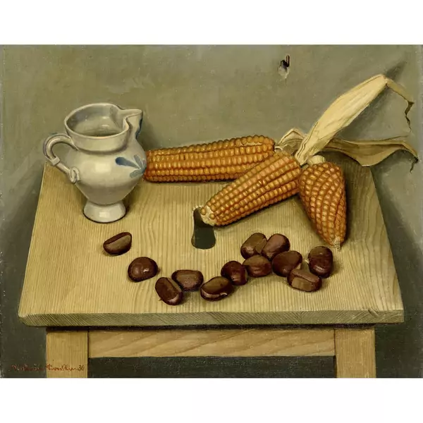 Niklaus Stoecklin — Stillleben mit Boccalino, Maroni und Maiskolben auf Tabouret — Galerie Kornfeld