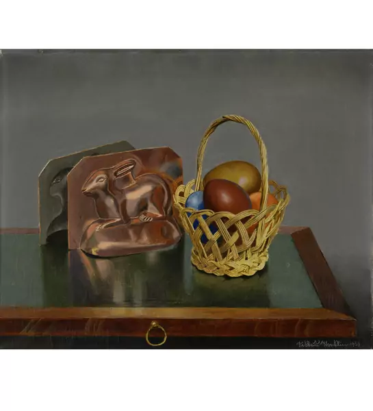 Niklaus Stoecklin — Stillleben mit Ostereiern und mit Osterhasen-Schokoladengussform — Galerie Kornfeld