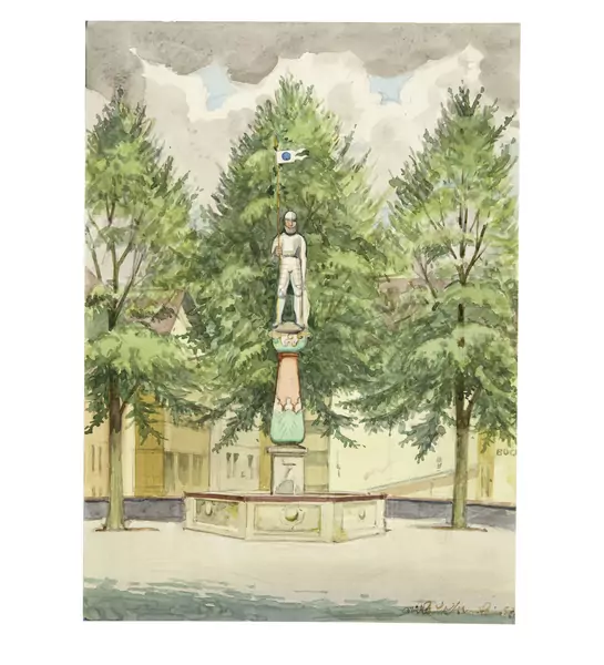 Niklaus Stoecklin — Klausbrunnen in Lenzburg. - Kurhotel im Park, Schinznach-Bad — Galerie Kornfeld