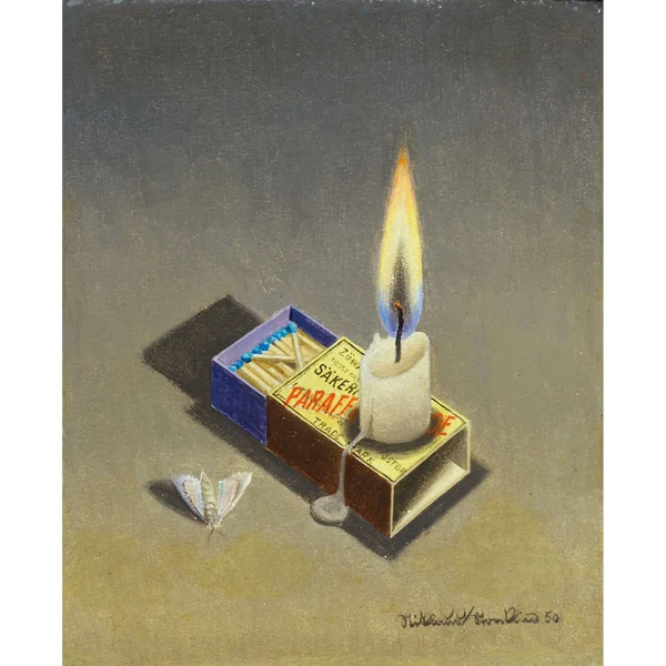 Niklaus Stoecklin — STILLLEBEN MIT BRENNENDER KERZE, ZÜNDHOLZSCHACHTEL UND TOTEM NACHTFALTER, 1950 STILL LIFE WITH BURNING CANDLE, MATCHBOX AND DEAD MOTH, 1950