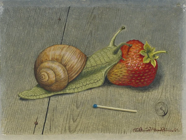 Niklaus Stoecklin — Stillleben mit Schnecke, Zündholz und Erdbeere, 1961